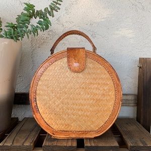 Authentic Bamboo Woven Handbag Vintage Boho GUC Faux Leather Trim